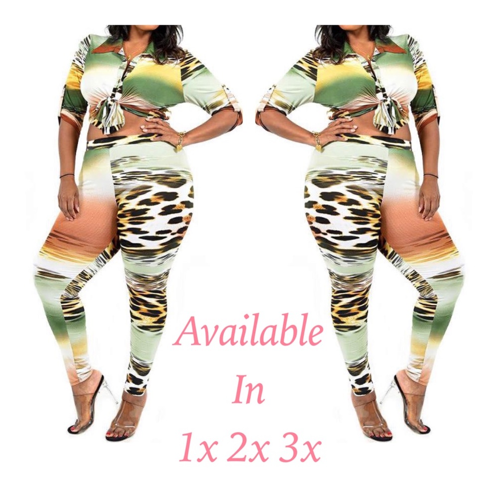 Plus size top and pants set animal print